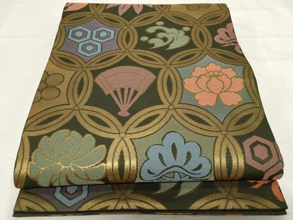 平和屋着物●六通柄袋帯 七宝草花文 金糸 正絹 逸品 CAAZ6431dy
