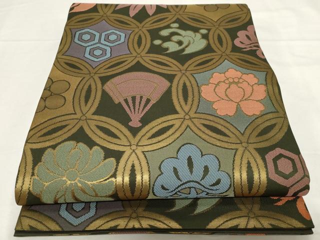 平和屋着物●六通柄袋帯 七宝草花文 金糸 正絹 逸品 CAAZ6431dy