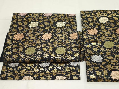 平和屋着物●つけ帯 更紗花文 黒地 金糸 正絹 逸品 CAAZ6481dy