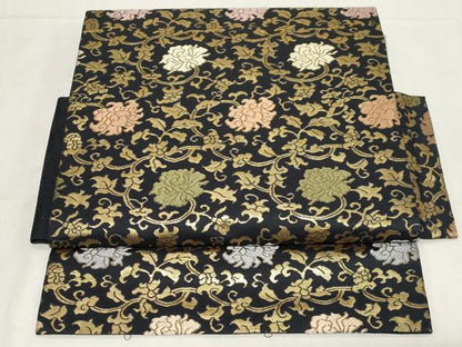 平和屋着物●つけ帯 更紗花文 黒地 金糸 正絹 逸品 CAAZ6481dy