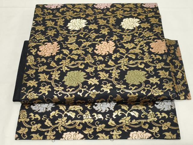 平和屋着物●つけ帯 更紗花文 黒地 金糸 正絹 逸品 CAAZ6481dy