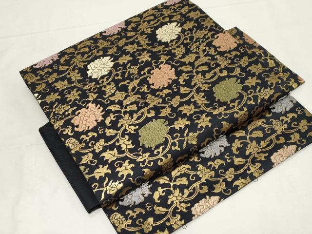 平和屋着物●つけ帯 更紗花文 黒地 金糸 正絹 逸品 CAAZ6481dy