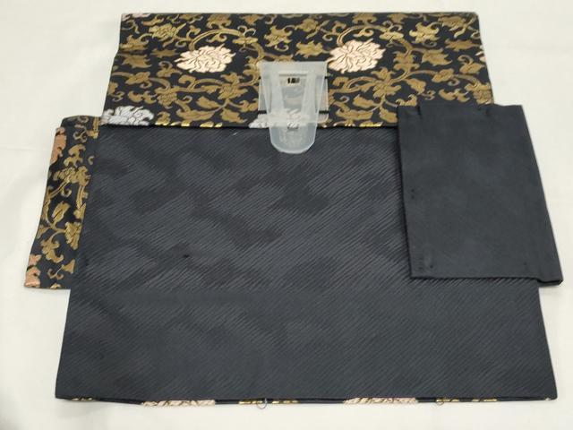平和屋着物●つけ帯 更紗花文 黒地 金糸 正絹 逸品 CAAZ6481dy