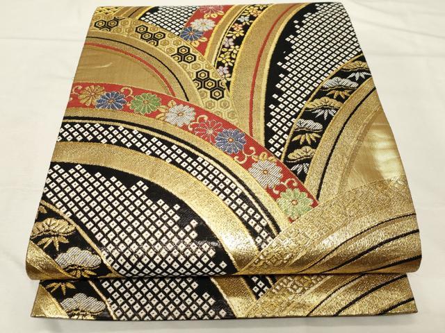 平和屋着物▼六通柄袋帯　美彩夢　黒地　金糸　正絹　逸品　CAAZ6629dy