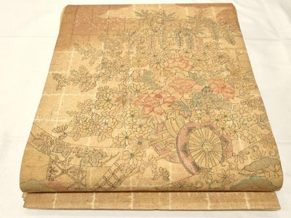 平和屋着物▼太鼓柄袋帯　手描き　紬地　花車文　金彩　正絹　逸品　未使用　CAAZ6777dy