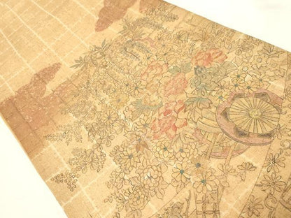 平和屋着物▼太鼓柄袋帯　手描き　紬地　花車文　金彩　正絹　逸品　未使用　CAAZ6777dy