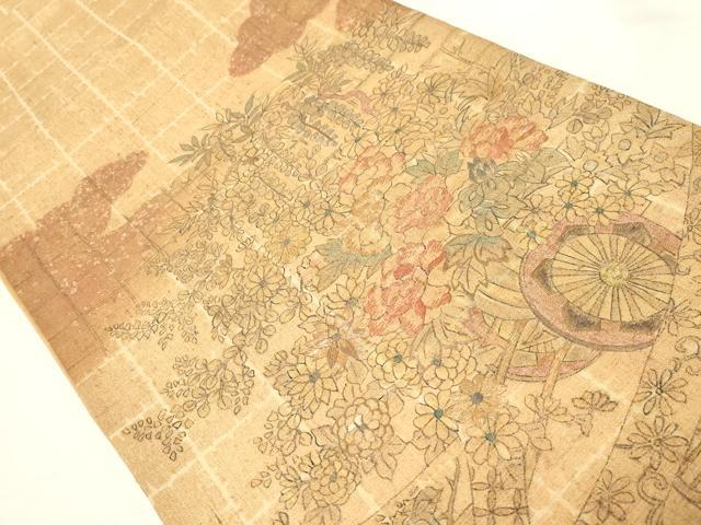 平和屋着物▼太鼓柄袋帯　手描き　紬地　花車文　金彩　正絹　逸品　未使用　CAAZ6777dy