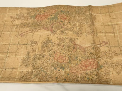 平和屋着物▼太鼓柄袋帯　手描き　紬地　花車文　金彩　正絹　逸品　未使用　CAAZ6777dy