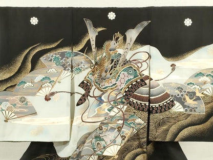 平和屋着物[]お宮参り　男の子　祝着　産着　初着　のしめ　龍　兜　飛鶴扇面吉祥文　暈し染め　金彩　逸品　CAAZ6967ze