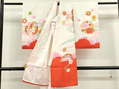 平和屋着物[]お宮参り　女の子　祝着　産着　初着　のしめ　飛鶴片輪車草花文　金銀彩　CAAZ6968ze