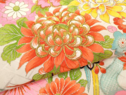 平和屋着物[]お宮参り　女の子　祝着　産着　初着　のしめ　飛鶴片輪車草花文　金銀彩　CAAZ6968ze