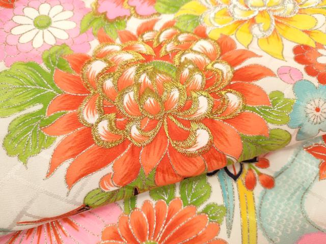 平和屋着物[]お宮参り　女の子　祝着　産着　初着　のしめ　飛鶴片輪車草花文　金銀彩　CAAZ6968ze
