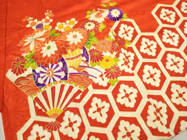 平和屋着物[]お宮参り　女の子　祝着　産着　初着　のしめ　駒刺繍　花車飛鶴扇面吉祥文　金彩　逸品　CAAZ6969ze