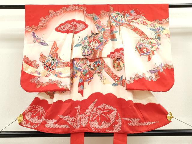 平和屋着物[]七五三　女の子　３歳　祝着　三つ身　絞り　束ね熨斗飛鶴糸車文　暈し染め　金銀彩　逸品　CAAZ6974ze