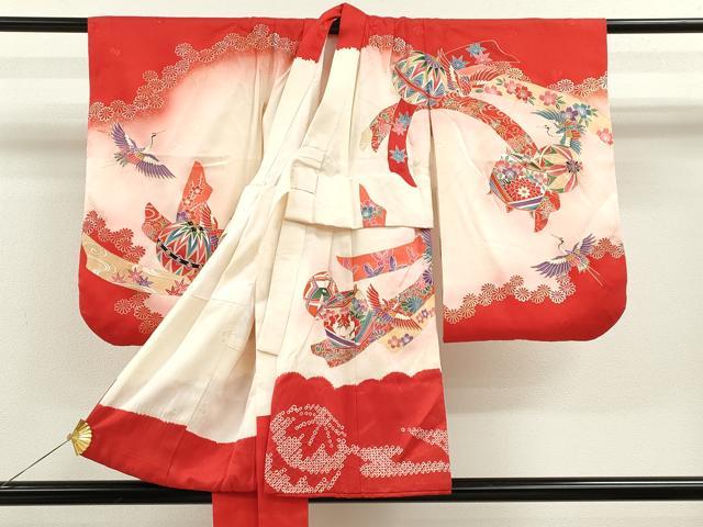 平和屋着物[]七五三　女の子　３歳　祝着　三つ身　絞り　束ね熨斗飛鶴糸車文　暈し染め　金銀彩　逸品　CAAZ6974ze