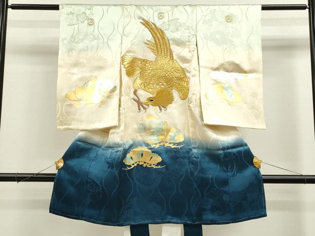 平和屋着物[]お宮参り　男の子　祝着　産着　初着　のしめ　鷹　立涌松花文　暈し染め　金銀彩　逸品　CAAZ6978ze