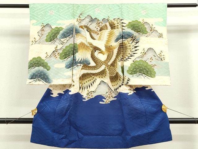 平和屋着物[]お宮参り　男の子　祝着　産着　初着　のしめ　駒刺繍　鷹　エ霞松文　金彩　逸品　CAAZ6981ze