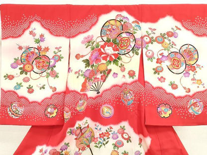 平和屋着物[]お宮参り　女の子　祝着　産着　初着　のしめ　鼓吉祥飛鶴草花文　暈し染め　金銀彩　逸品　CAAZ6982ze