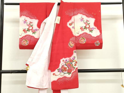 平和屋着物[]お宮参り　女の子　祝着　産着　初着　のしめ　鼓吉祥飛鶴草花文　暈し染め　金銀彩　逸品　CAAZ6982ze