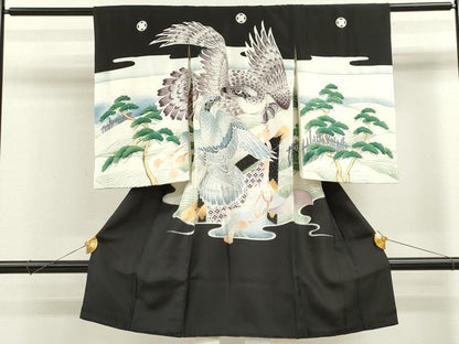 平和屋着物[]お宮参り　男の子　祝着　産着　初着　のしめ　駒刺繍　鷹　風景松文　暈し染め　銀彩　逸品　CAAZ6983ze