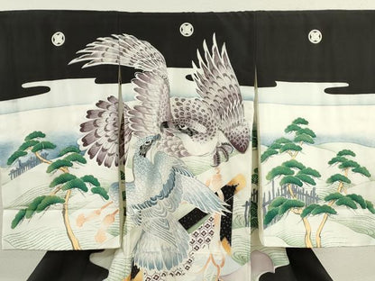 平和屋着物[]お宮参り　男の子　祝着　産着　初着　のしめ　駒刺繍　鷹　風景松文　暈し染め　銀彩　逸品　CAAZ6983ze