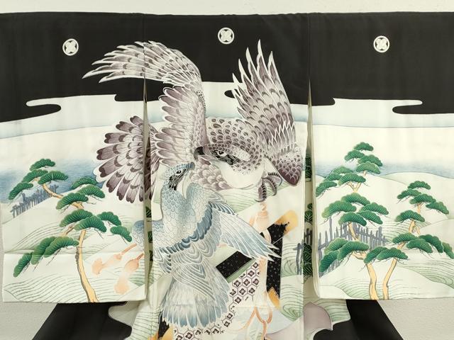 平和屋着物[]お宮参り　男の子　祝着　産着　初着　のしめ　駒刺繍　鷹　風景松文　暈し染め　銀彩　逸品　CAAZ6983ze