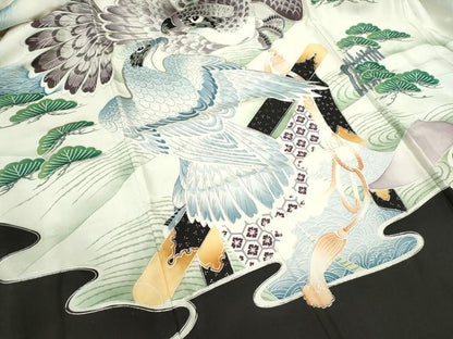 平和屋着物[]お宮参り　男の子　祝着　産着　初着　のしめ　駒刺繍　鷹　風景松文　暈し染め　銀彩　逸品　CAAZ6983ze