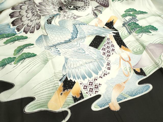 平和屋着物[]お宮参り　男の子　祝着　産着　初着　のしめ　駒刺繍　鷹　風景松文　暈し染め　銀彩　逸品　CAAZ6983ze