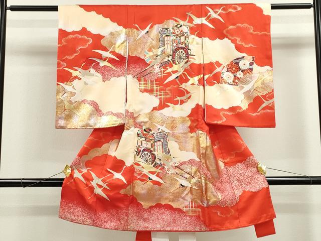 平和屋着物[]お宮参り　女の子　祝着　産着　初着　のしめ　雲取り飛鶴御所車文　金銀彩　逸品　CAAZ6985ze
