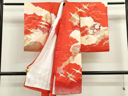 平和屋着物[]お宮参り　女の子　祝着　産着　初着　のしめ　雲取り飛鶴御所車文　金銀彩　逸品　CAAZ6985ze