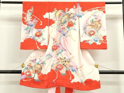 平和屋着物[]お宮参り　女の子　祝着　産着　初着　のしめ　鼓御所車飛鶴花文　暈し染め　金彩　逸品　CAAZ6990ze