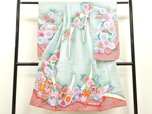 平和屋着物[]七五三　女の子　７歳　祝着　四つ身　駒刺繍　鼓草花鹿の子文　金彩　CAAZ6991ze