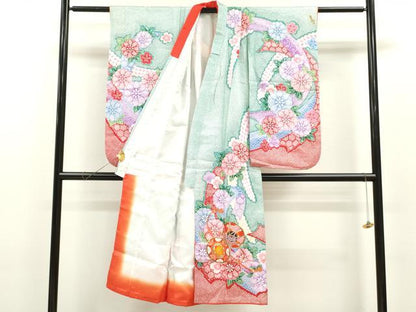 平和屋着物[]七五三　女の子　７歳　祝着　四つ身　駒刺繍　鼓草花鹿の子文　金彩　CAAZ6991ze