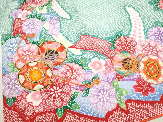 平和屋着物[]七五三　女の子　７歳　祝着　四つ身　駒刺繍　鼓草花鹿の子文　金彩　CAAZ6991ze