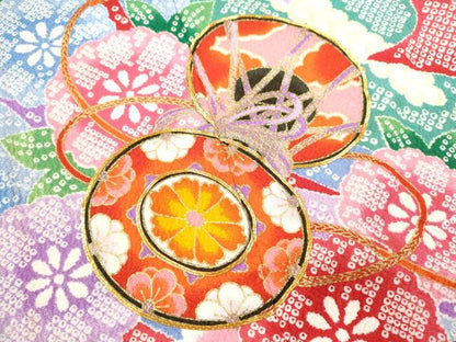 平和屋着物[]七五三　女の子　７歳　祝着　四つ身　駒刺繍　鼓草花鹿の子文　金彩　CAAZ6991ze