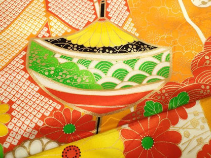 平和屋着物[]七五三　女の子　７歳　祝着　四つ身　駒刺繍　駒　矢羽根花文　金彩　洗える着物　CAAZ6993ze