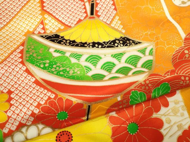 平和屋着物[]七五三　女の子　７歳　祝着　四つ身　駒刺繍　駒　矢羽根花文　金彩　洗える着物　CAAZ6993ze