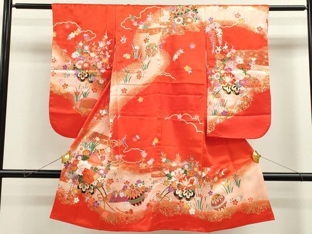 平和屋着物[]七五三　女の子　７歳　祝着　四つ身　鞠　花車籬文　暈し染め　金彩　洗える着物　CAAZ6994ze
