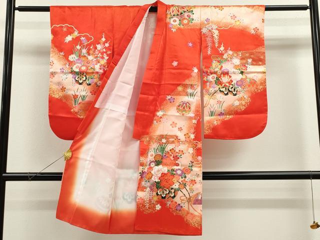 平和屋着物[]七五三　女の子　７歳　祝着　四つ身　鞠　花車籬文　暈し染め　金彩　洗える着物　CAAZ6994ze