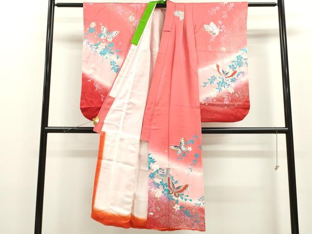 平和屋着物[]七五三　女の子　７歳　祝着　四つ身　舞蝶枝垂れ桜文　たたき染め　金銀彩　逸品　CAAZ6996ze