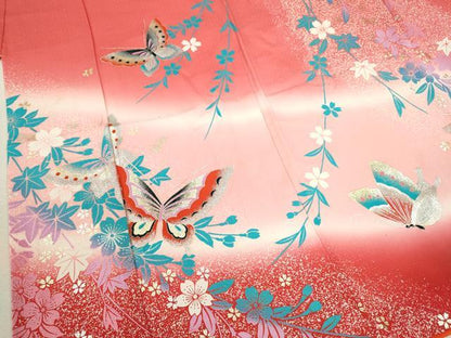 平和屋着物[]七五三　女の子　７歳　祝着　四つ身　舞蝶枝垂れ桜文　たたき染め　金銀彩　逸品　CAAZ6996ze