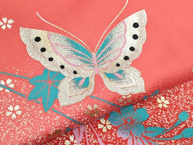 平和屋着物[]七五三　女の子　７歳　祝着　四つ身　舞蝶枝垂れ桜文　たたき染め　金銀彩　逸品　CAAZ6996ze