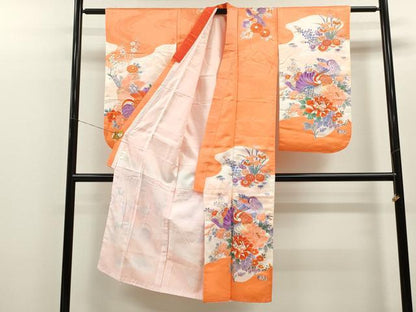 平和屋着物[]七五三　女の子　７歳　祝着　四つ身　駒刺繍　鴛鴦草花文　金彩　洗える着物　CAAZ6997ze
