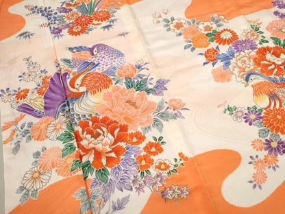 平和屋着物[]七五三　女の子　７歳　祝着　四つ身　駒刺繍　鴛鴦草花文　金彩　洗える着物　CAAZ6997ze