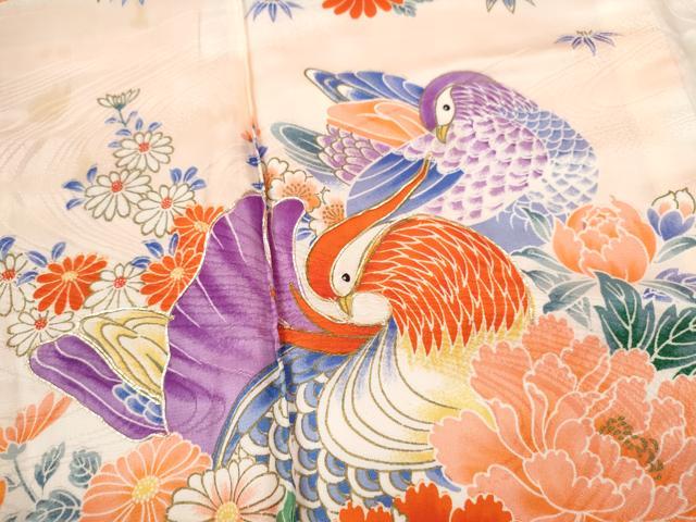平和屋着物[]七五三　女の子　７歳　祝着　四つ身　駒刺繍　鴛鴦草花文　金彩　洗える着物　CAAZ6997ze