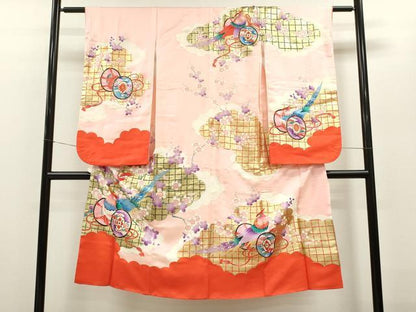 平和屋着物[]七五三　女の子　７歳　祝着　四つ身　雲取り鳳凰鼓梅文　金彩　逸品　CAAZ6998ze