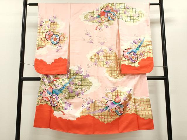 平和屋着物[]七五三　女の子　７歳　祝着　四つ身　雲取り鳳凰鼓梅文　金彩　逸品　CAAZ6998ze