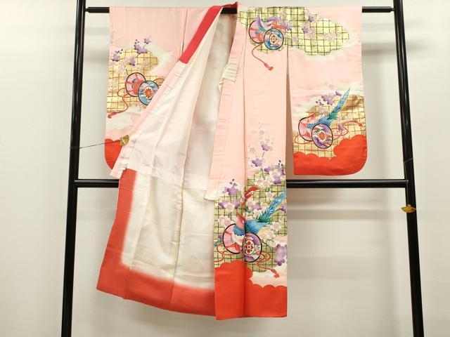 平和屋着物[]七五三　女の子　７歳　祝着　四つ身　雲取り鳳凰鼓梅文　金彩　逸品　CAAZ6998ze