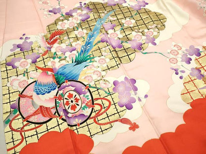 平和屋着物[]七五三　女の子　７歳　祝着　四つ身　雲取り鳳凰鼓梅文　金彩　逸品　CAAZ6998ze