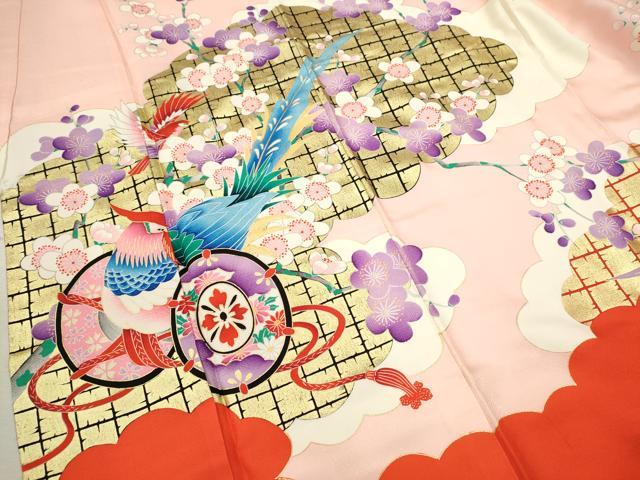 平和屋着物[]七五三　女の子　７歳　祝着　四つ身　雲取り鳳凰鼓梅文　金彩　逸品　CAAZ6998ze
